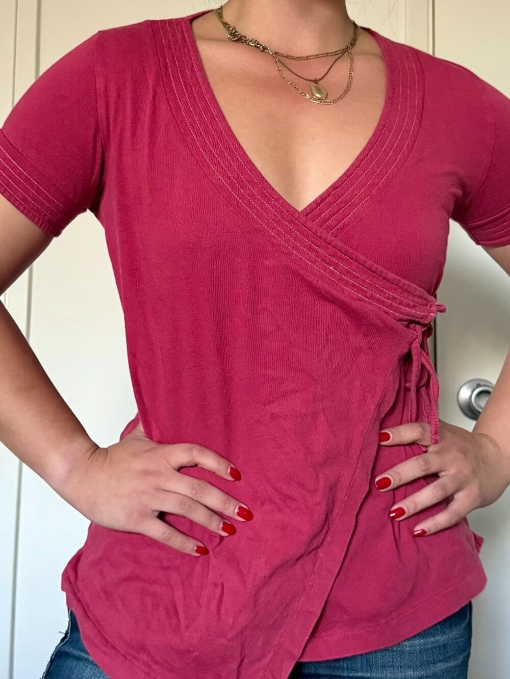 American Eagle Red Wrap Short Sleeve Blouse Top